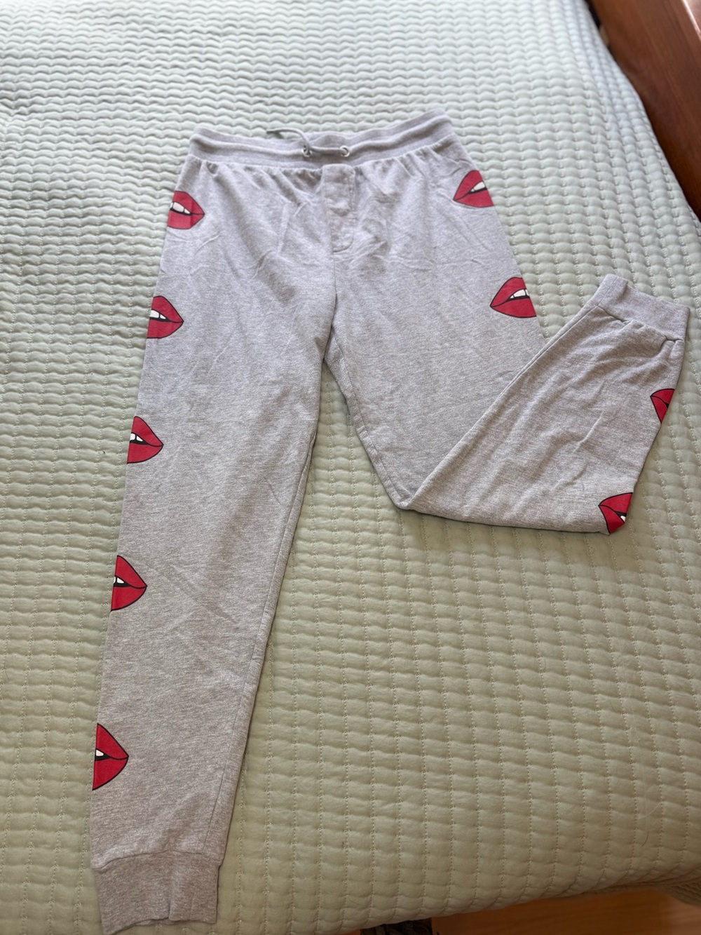 On Fire Gray Sweatpants with Red Lip Print